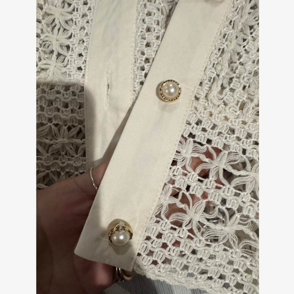 Hollow Out Knit Crochet Guipure Crop Shirt Long Sleeve Button Up Front - Picture 10 of 12